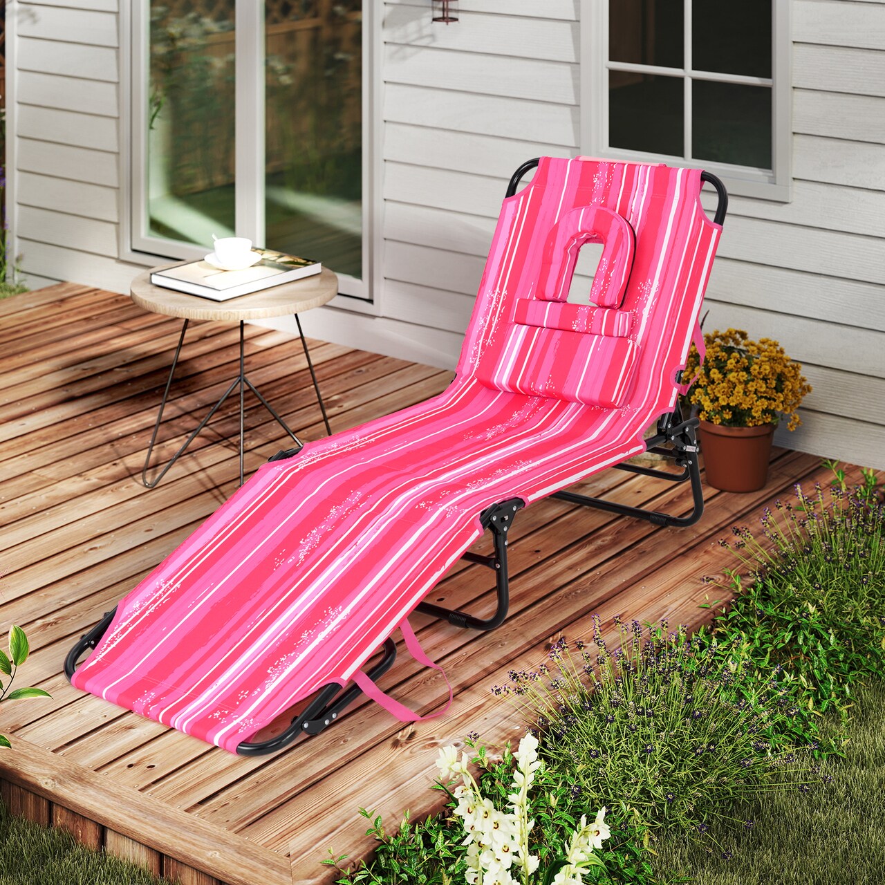 5-Position Adjustable Foldable Chaise Lounge Chair with Removable Pillows and Face Hole for Outdoors